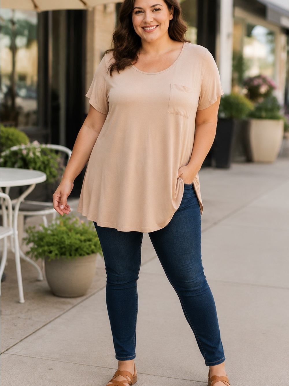 NWT YELETE Women’s 2XL Blush Beige Swing Tunic Top Pocket Keyhole Back